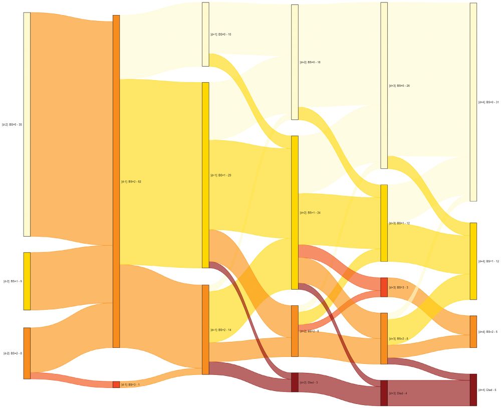 Bleeding scale. Values are presented as (period relative to iTXA administration): bleeding = 0, 1, 2, 3, or Died – number of patients. Each column indicates a 24 hour period. d−2; 48 hours before iTXA to 24 hours before iTXA, d−1; 24 hours before iTXA to first time of administration of iTXA, d+1; first time of administration of iTXA to 24 hours after initial administration of iTXA, d+2; 24 hours after initial administration of iTXA to 48 hours after initial administration of iTXA, d+3; 48 hours after initial administration of iTXA to 72 hours after initial administration of iTXA; d+4; 72 hours after initial administration of iTXA to 96 hours after initial administration of iTXA. BS, bleeding scale; iTXA; inhaled tranexamic acid.