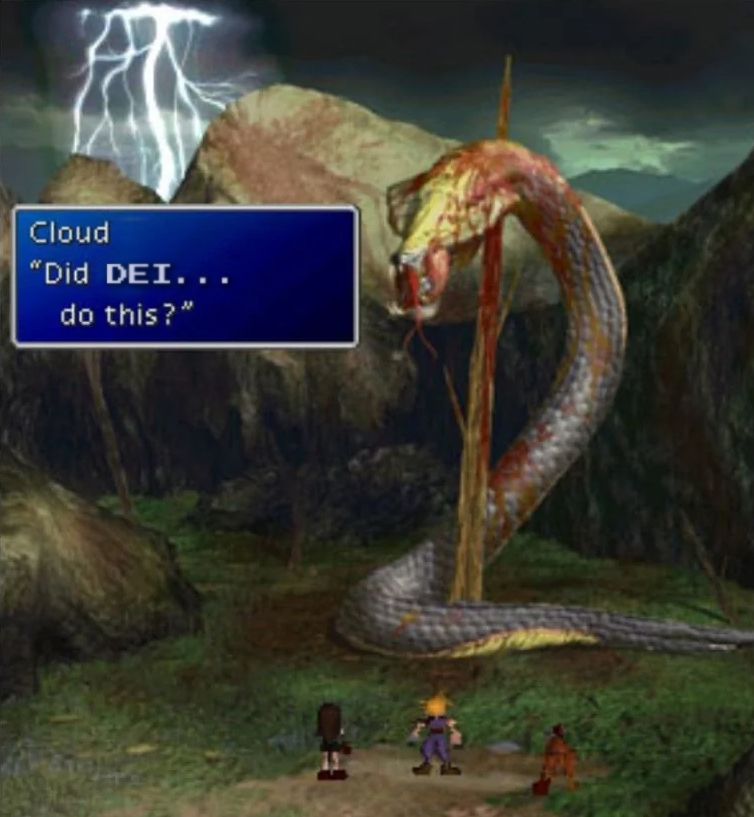An edited screenshot of Final Fantasy VII. Cloud and the party stands before a giant impaled snake creature with the textbox reading "Did DEI...do this?"