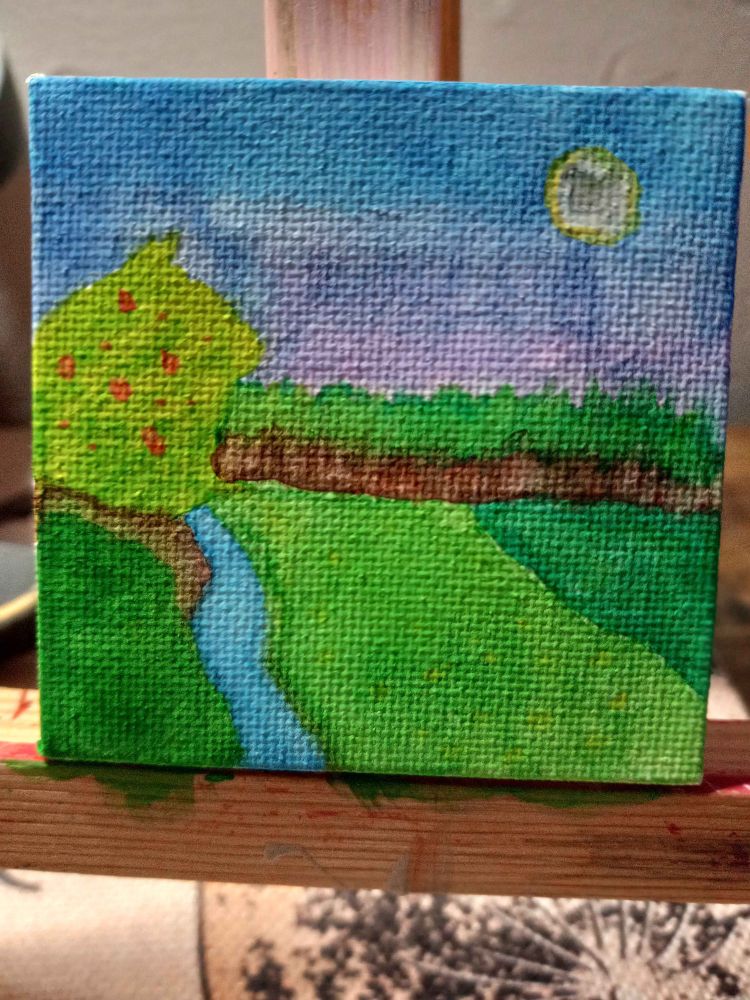 A painting of a river, a flowering bush, and a landscape with trees in the background.  The moon hangs overhead in an early morning sky that fades from lavender to blue.