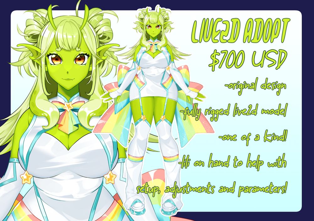 An advertisment for an anime-style green alien character, ready for VTubing.