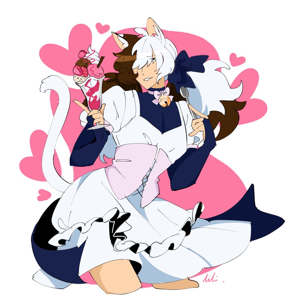 Colour sketch of a catboy maid with twintails, and split coloured hair posing to the camera. He's holding a parfait and a spoon.