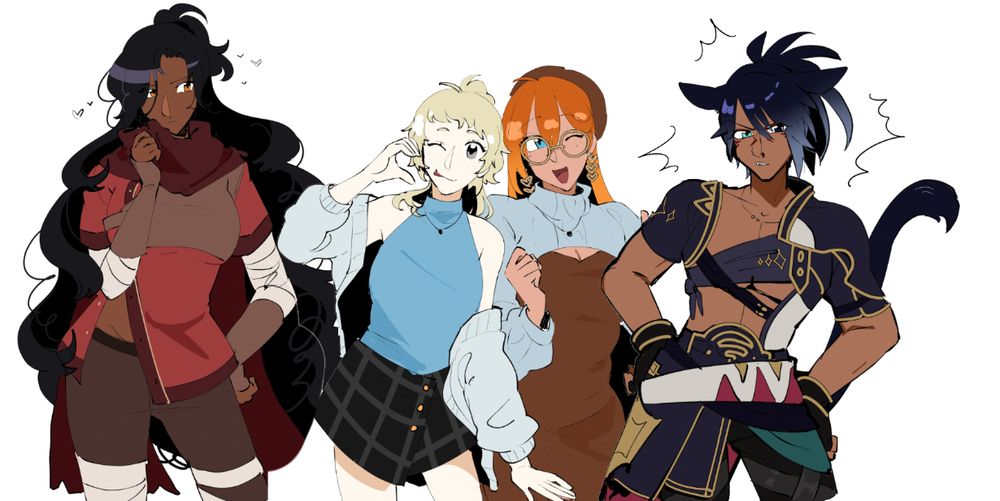 A series of colour sketches. Four figures, in different outfits, on a white bg.