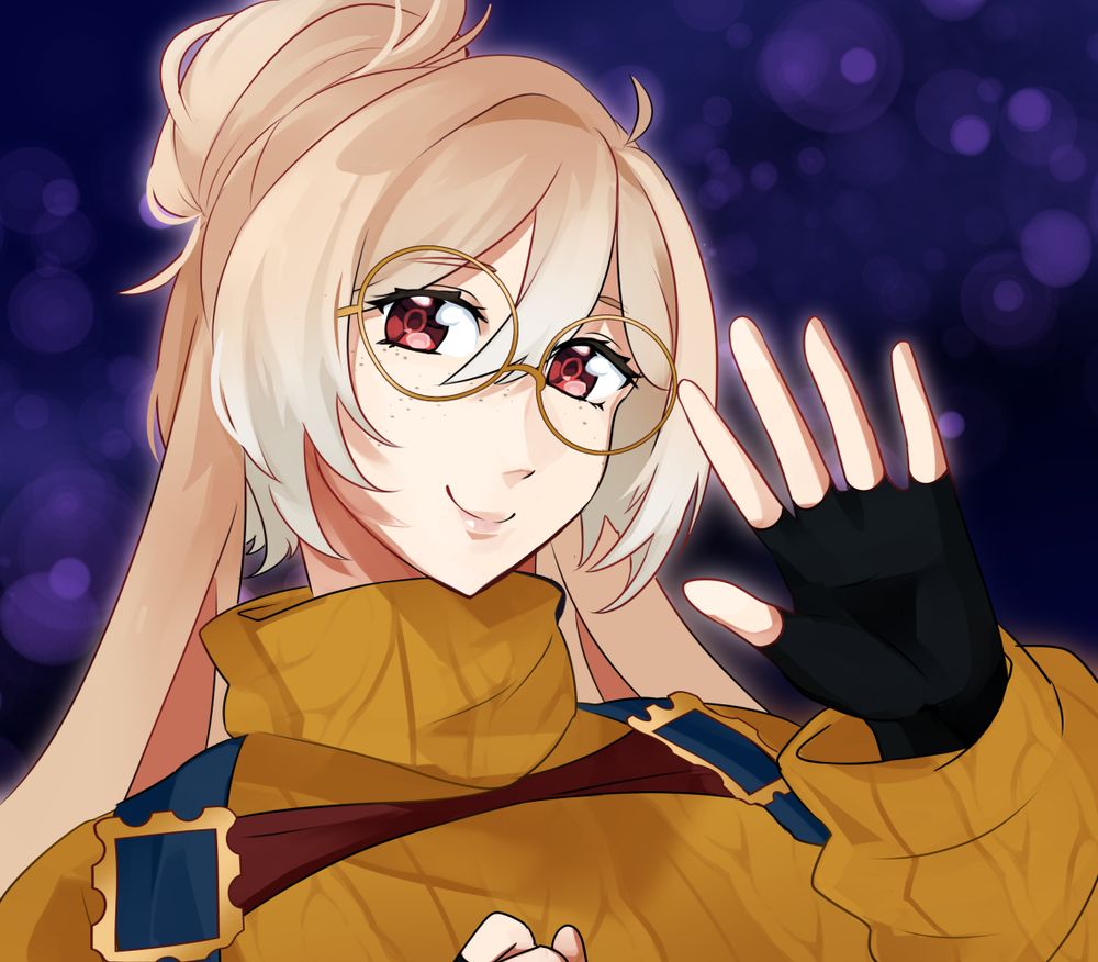Anime-style headshot of a blonde, lop-eared rabbit girl in round glasses waving to the camera