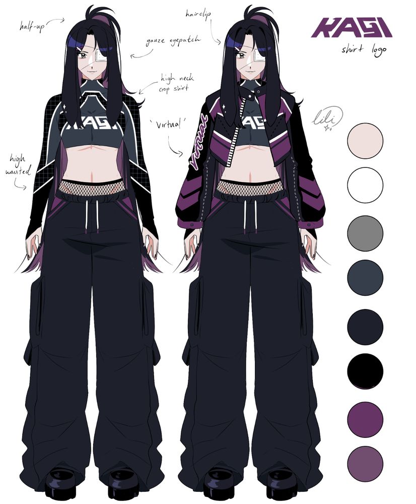 One-shot character design for Kagi in a sporty style.