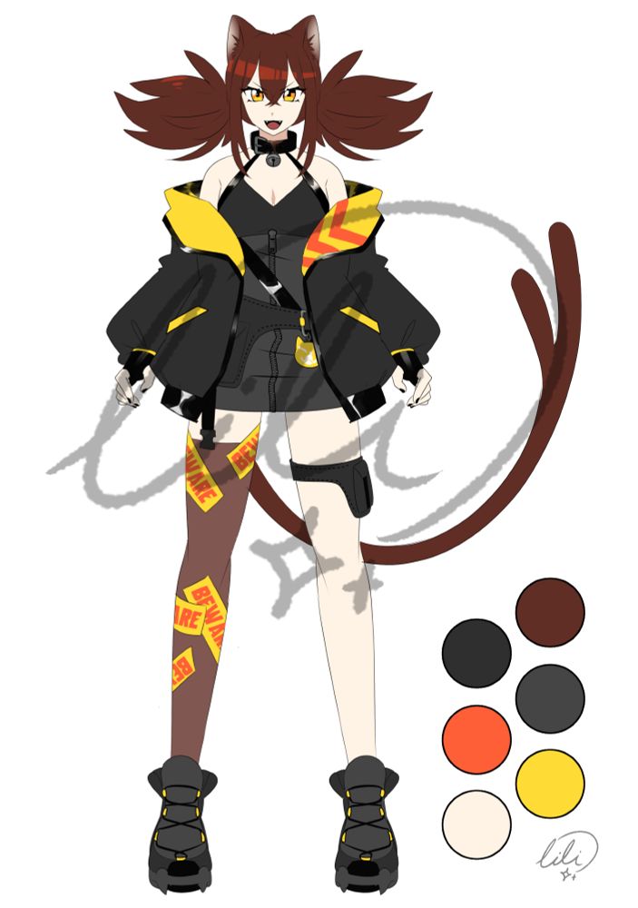 A nekomata (split-tailed cat yokai) character. Their tail is only half split. They  have low, spiky twintails, and a techwear outfit with yellow and orange accents.