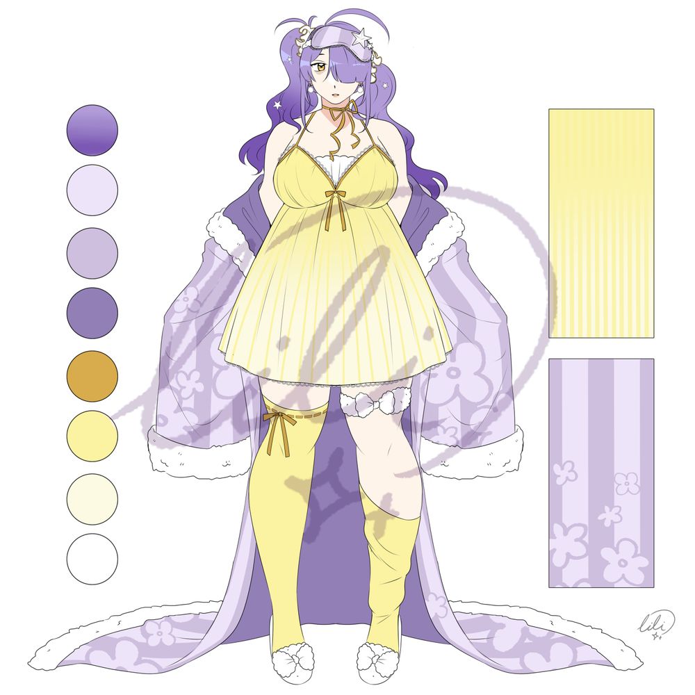 An adoptable character design with a purple and gold palette. Her dress and socks are gold, and her dressing gown, sleep mask, and hair are various shades of purple. Her outfit is adorned with fluff, lace, and ribbons.