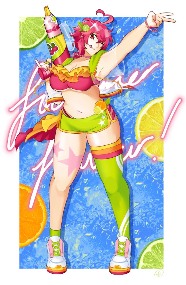 Drawing of vtuber dani (pipopixie) in a summer themed swimwear outfit! A pink bikini top and bottoms are covered by shorts and a translucent cover-up hoodie. She's holding a water-gun covered in stickers, and posing to the camera with her tongue out