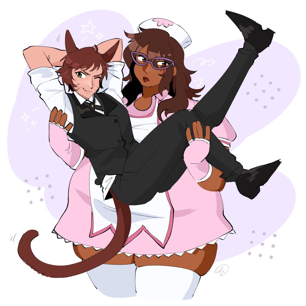Coloured sketch of two characters. One is pouting wearing a nurse-inspired maid outfit and carrying the other, who is winking and doing a big kick into the air.