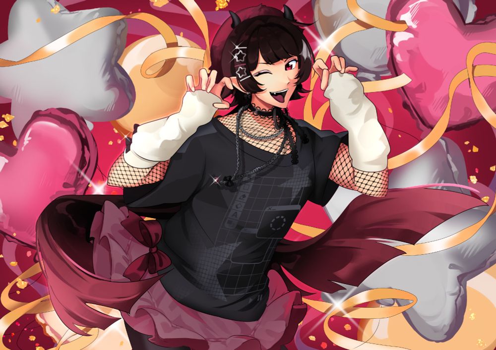 A pic of Lili making cute claw shapes with their hands surrounded by foil balloons.