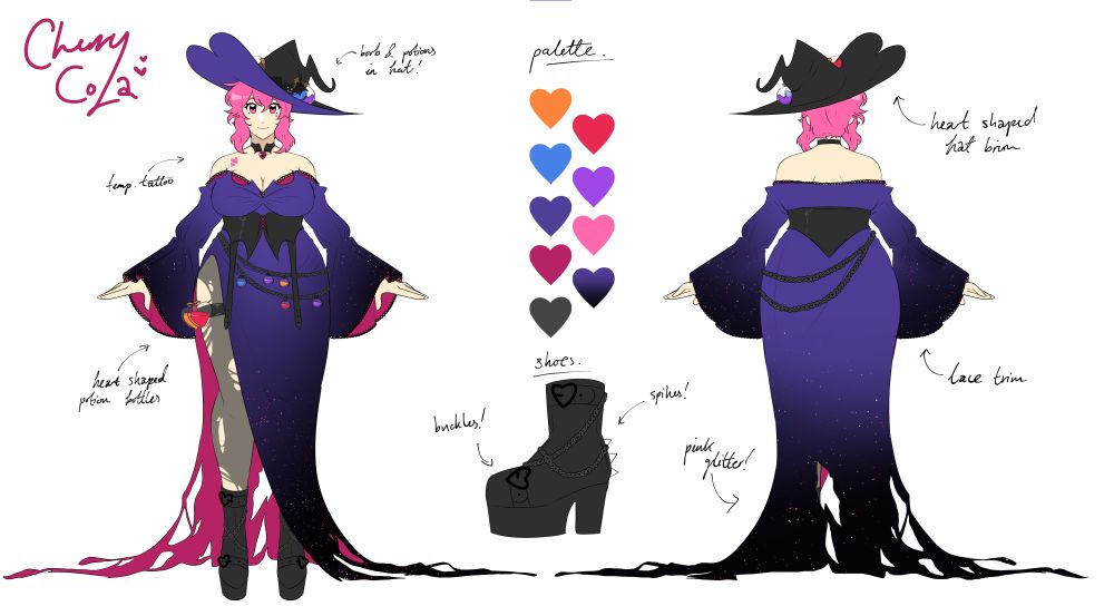 Outfit of dani (pipopixie) as a witch, with a purple-and-black robe with a cherry red inner, big boots, and potions dotted around the design. She's wearing a large witch hat with a heart-shaped brim.