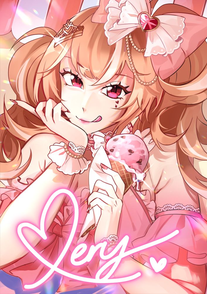 A drawing of someone wearing himegyaru fashion, with a melting strawberry-chocolate ice cream wrapped in a napkin. They're sticking their tongue out through glossy lips and squinting slightly with one eye. The photo has a mock signature, reading 'Very'.