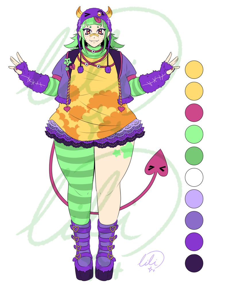 A character in a cute outfit inspired by monsters. They have OTT makeup, furry accessories, and necklace that looks like eyeballs, all in shades of bright colours like green and purple.