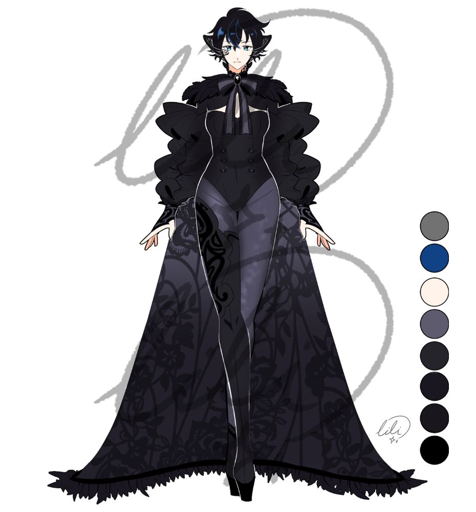 A character based on a crow. They wear a bodysuit over tights. Their coat is frilled, ruched and has wide sleeves, and a translucent cape with floral lace patterns completes the look. 