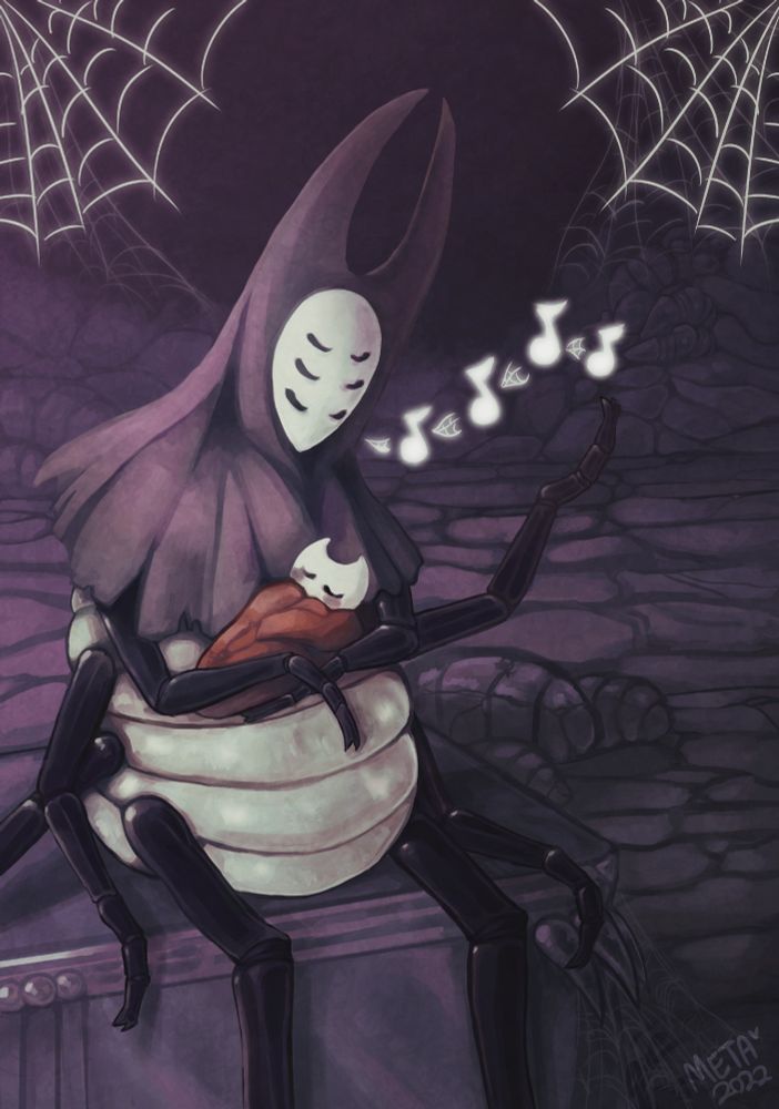 Herrah sitting on a stone carved bench while singing to a baby Hornet who is swaddled in her arms. Her eyes and Hornet's are closed.
The background is a rocky terrain covered in spider webs.