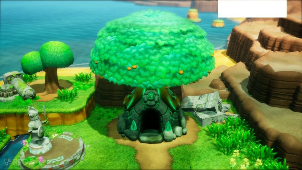 screenshot from fantasy life i: the girl who steals time. shows a large half-stone tree called a 'treasure grove' on base camp.