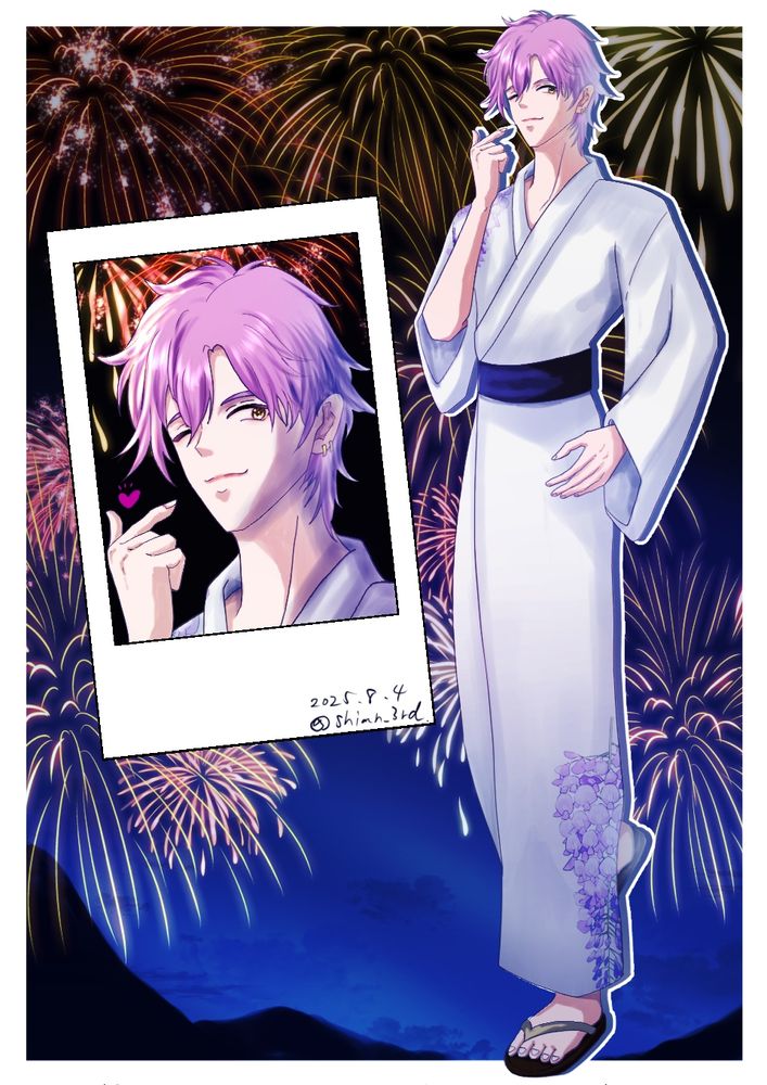 A man wearing a yukata. Under the fireworks.