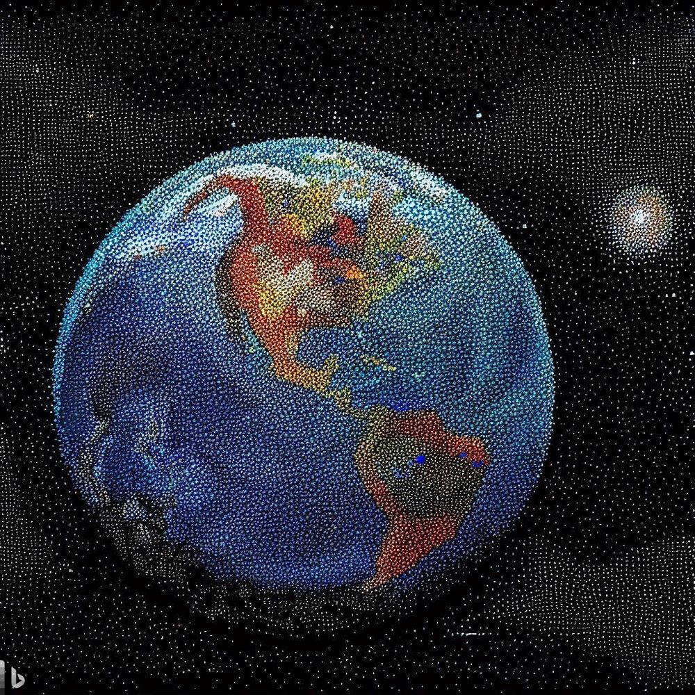 Picture of the Earth as created by points with each point a picture of a different galaxy as taken by the James Webb Space Telescope.