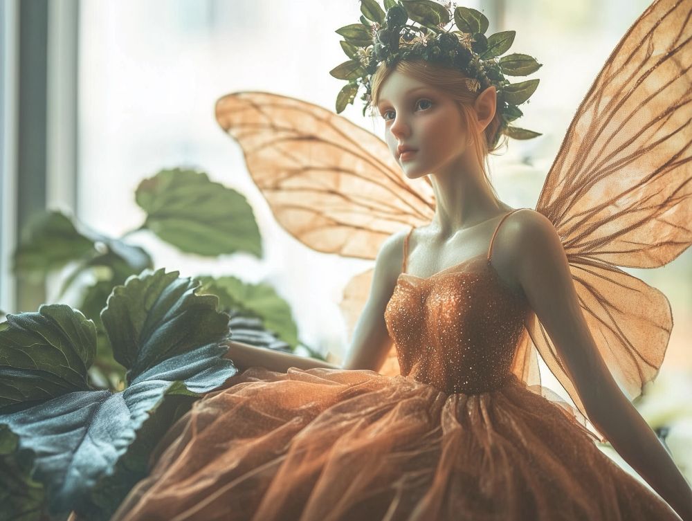 Close up of a beautiful little fairy sitting on a strawberry leaf, with large translucent wings, wearing a beautiful glittery orange dress that glows and sparkles, wearing a halo of matching flowers on her head. the scene is magical but real, with warm lighting that draws focus on the fairy's beauty. realistic