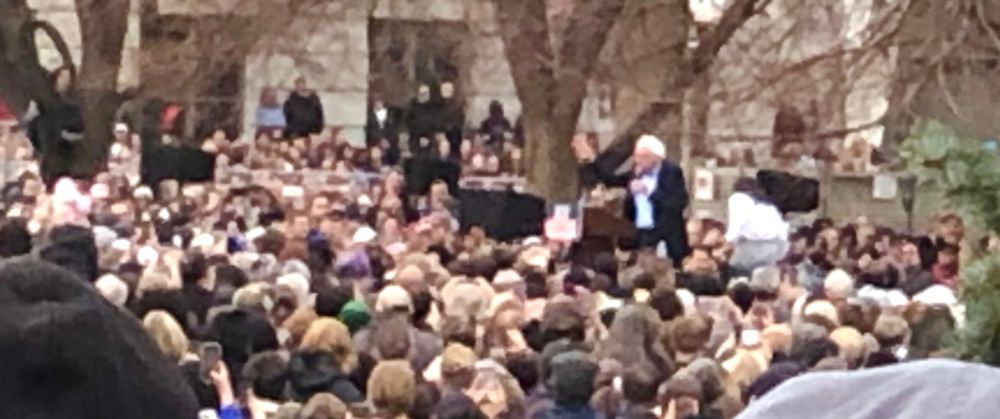 Stop The oligarchy protest, Denver, Colorado, 2025. Picture of Bernie Sanders giving a speech to thousands of people in Civic Center Park.