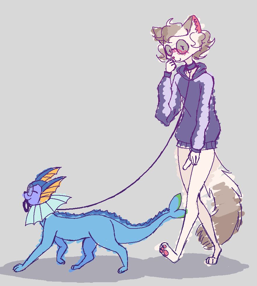 Catboy sona collared and leashed by the tagged person's sona, all shy and blushy