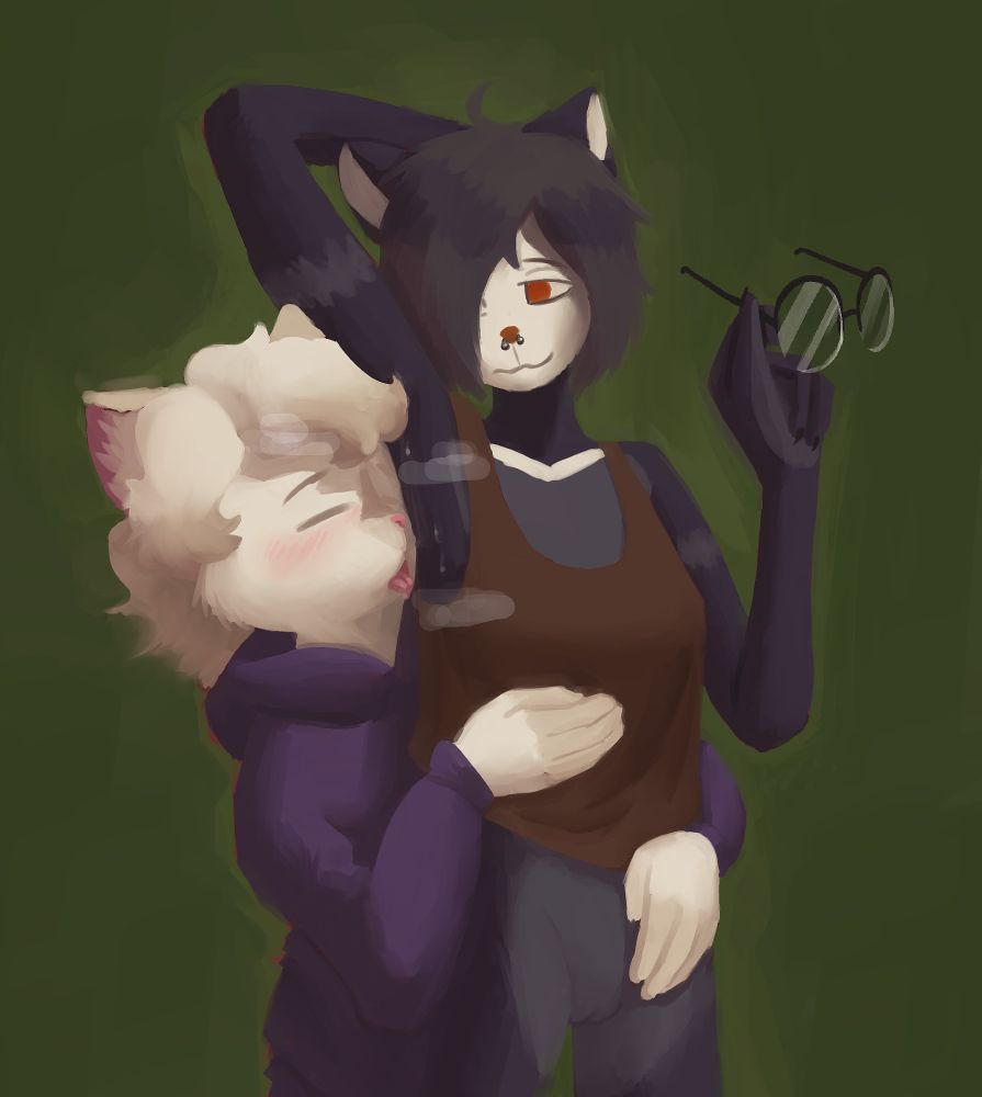 My catboy sniffing and nuzzling into Flan's sweaty armpit. His eyes are closed, tongue salivating and slightly out. He's hugging her from behind, getting a feel of her body while enjoying her lovely scent