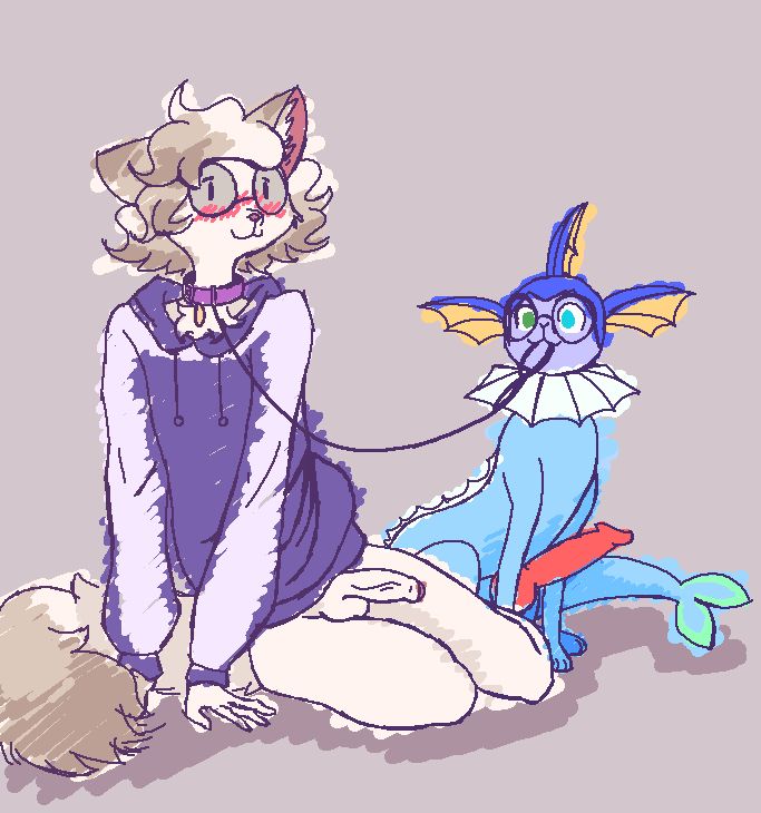 Catboy sona collared and leashed by the tagged person's sona, all shy and blushy