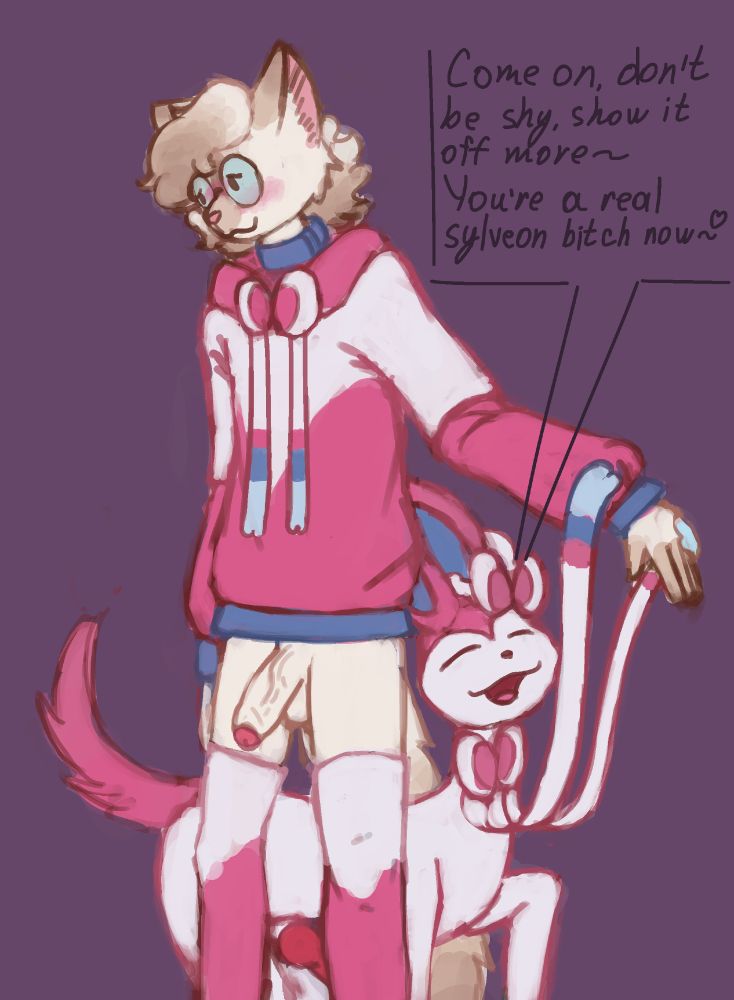 catboy sona in a sylveon themed hoodie and no pants. his sylveon is stainding behind him, holding his hand with his feelers and talking to him:"Come on, don't be shy, show it off more~ You're a real sylveon bitch now~<3"