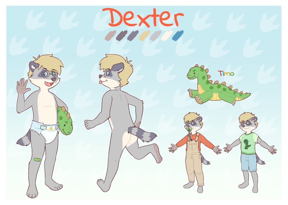 Refsheet for Dexter, the raccoon. His fur is grey, except on the lower half of the face, the neck, the belly and his bottom. He has blonde hair. Dex is shown from the front, smiling and waving at the viewer while holding his plush dinosaur Timo under his arm. He's wearing a diaper and glasses. Next to that he is shown from the back, this time without his diaper, running away smiling and sticking his tongue out while looking over his shoulder. Next to that, he is pictured with two differents sets of clothes, wearing a pair of khaki overalls and an orange sweater on the left and a green shirt with a dinosaur on it and blue shorts on the right. Above these two his plush dino Timo is pictured.
