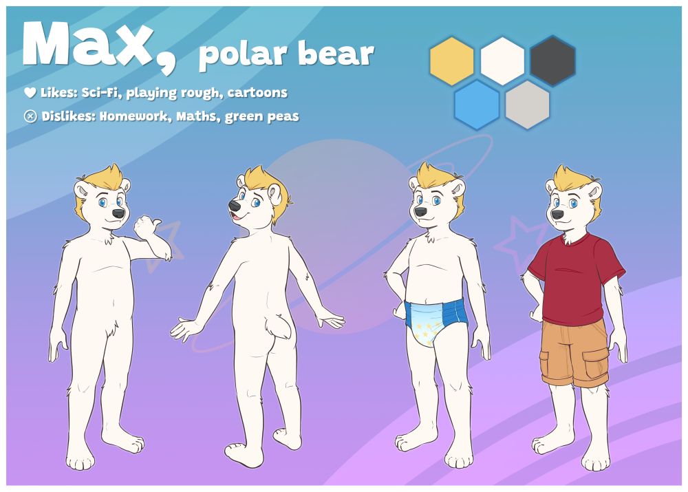 Refsheet for Max, the polar bear. Front view, back view, in a pull-up and in his signature outfit. The text says "Max, polar bear. Likes: Sci-Fi, playing rough, cartoons. Dislikes: Homework, Maths, green peas." There are also 5 color-swatches indication which colors the fursona has. The background is a slight gradient with a light space theme.
