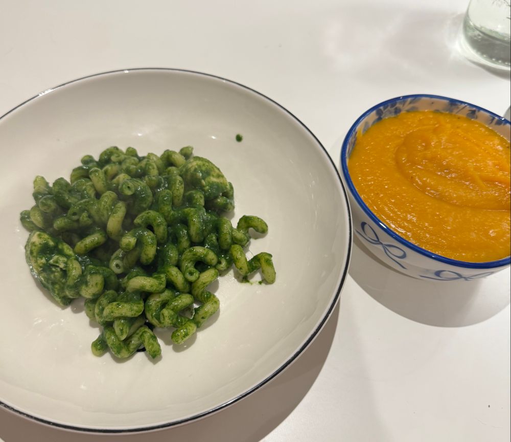 my spinach alfredo pasta in a bowl and my butternut squash soup (its rlly thick) in another bowl