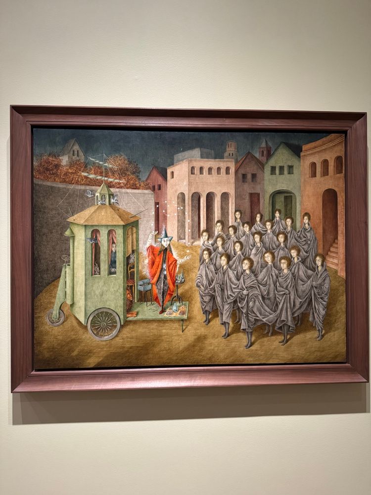 a whimsical painting of a juggler and a crowd of people in gray cloaks watching the juggler
