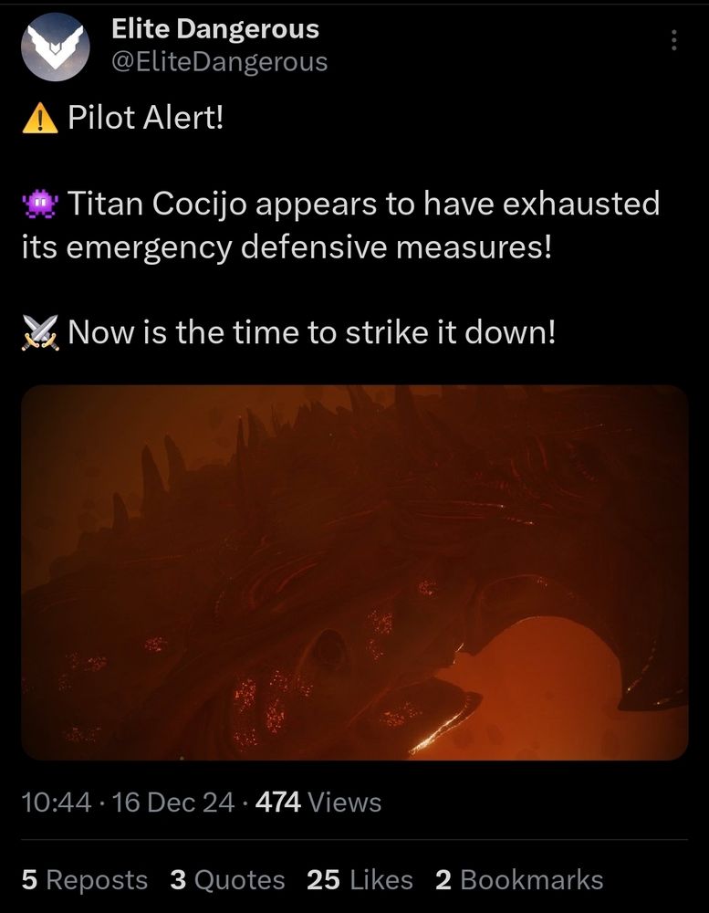 From the Elite Dangerous official account on Twitter:

⚠️ Pilot Alert!
 
👾 Titan Cocijo appears to have exhausted its emergency defensive measures! 

⚔️ Now is the time to strike it down!
