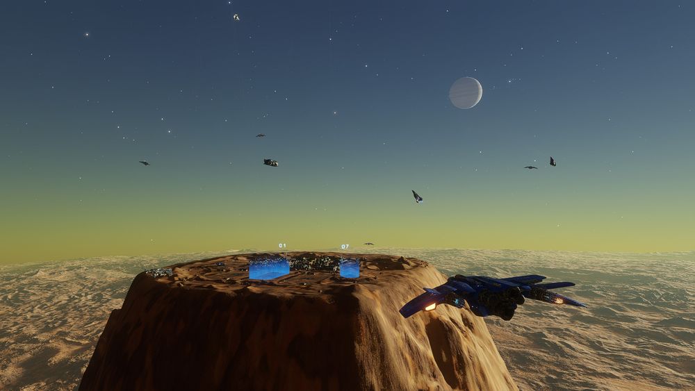 Devil's Tower station in Hyades Sector ZU-Y d68, with a Mandalay explorer ship and several other ships.