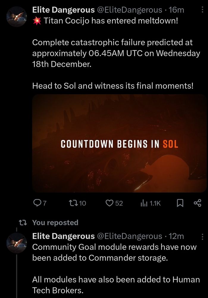 From @EliteDangerous Twitter account today 17th Dec 2024

"💥 Titan Cocijo has entered meltdown! 

Complete catastrophic failure predicted at approximately 06.45AM UTC on Wednesday 18th December.

Head to Sol and witness its final moments!"

And subsequently in a follow-up tweet:

"Community Goal module rewards have now been added to Commander storage.

All modules have also been added to Human Tech Brokers."