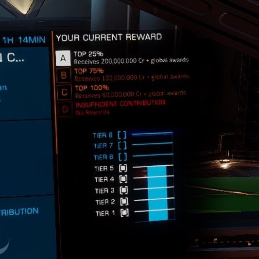 Titan Cocijo community goal tier list following completion of tier 5. As well as global rewards of very modified FSDs, monetary rewards are now as follows: A: Top 25% get 200 million credits. B: Top 75% get 100 million credits. C: Top 100% get 60 million credits. D: Insufficient contribution results in no rewards. These values are a big step up in reward size compared to tier 4.