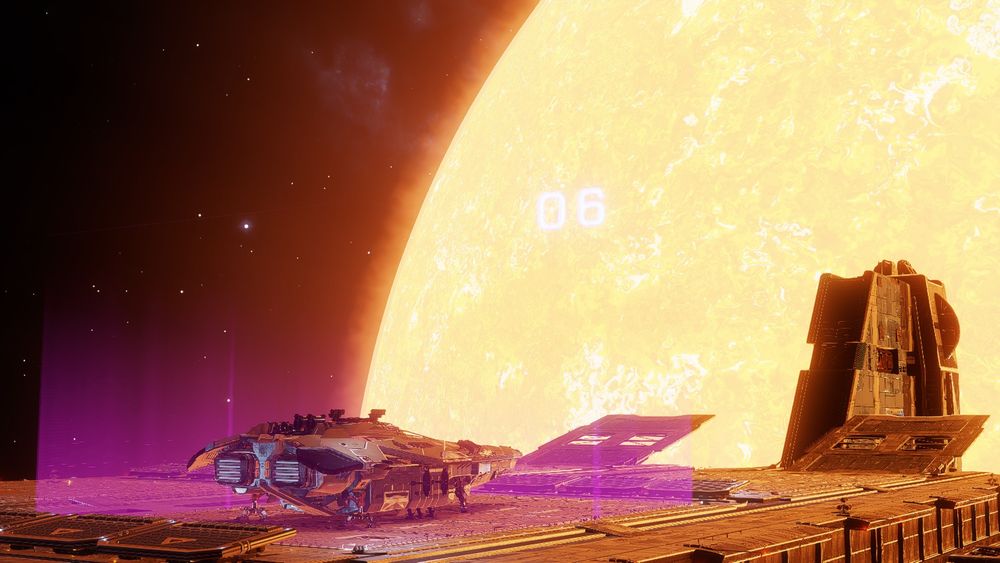 Anaconda ship docked on my fleet carrier located very close to the main star in the Clotho system