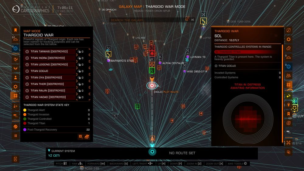 The Thargoid War current state of the galaxy. Titan Cocijo is in Distress, awaiting further info on implosion time. All other Titans have been destroyed previously.