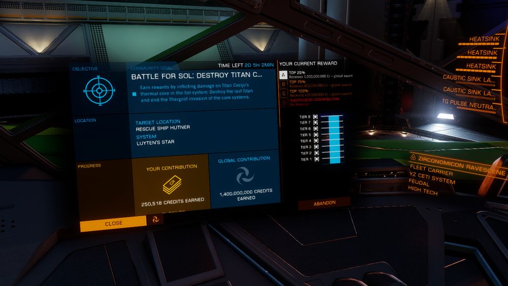 Final score on the CG. I scored over 250,000 hit points, enough to get to Top 25% and a payday of one billion credits, plus the FSDs.