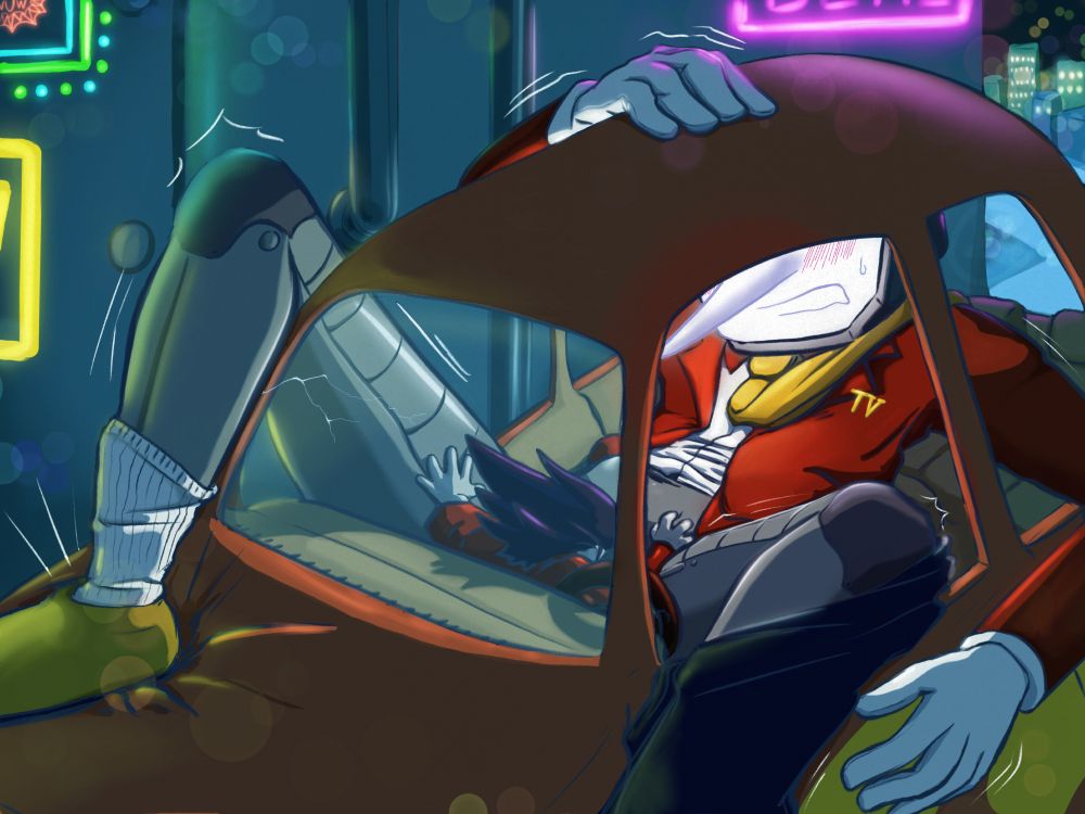 Spamton performing oral on Tenna in the cungadero in an alley in Cyber City. Tenna is large enough that he has a limb coming through each window and his heal crushing into the hood of the car.