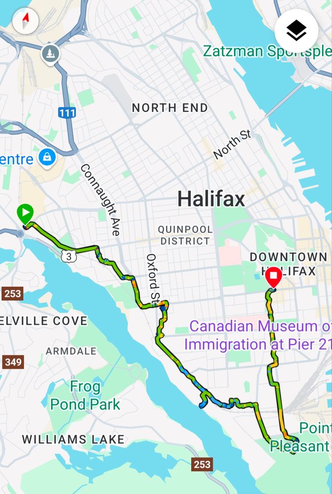 A walking route map that goes from near the Rotary down to Point Pleasant park and then more or less along young and South park to the public gardens