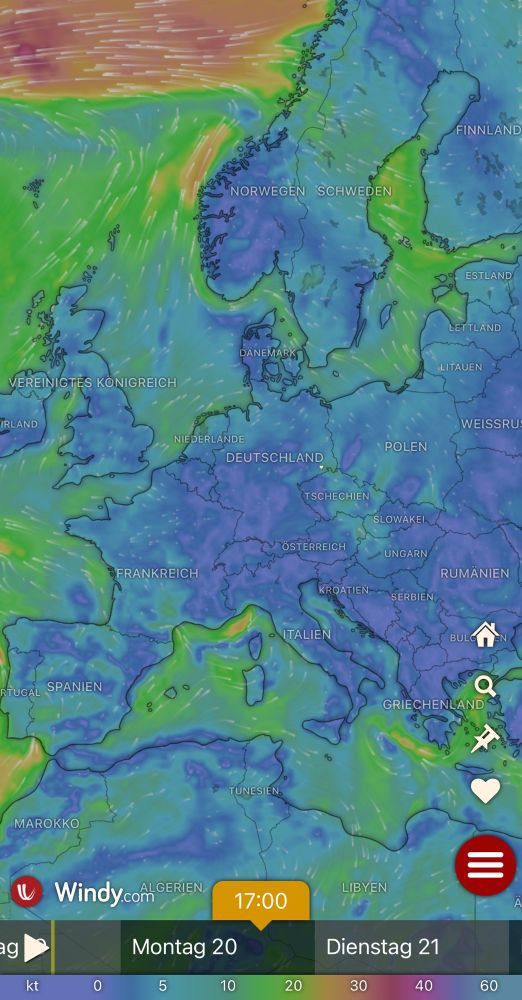 Windprognose für 20.01.2025 17 Uhr: außer in Teilen Skandinaviens herrscht hauptsächlich 