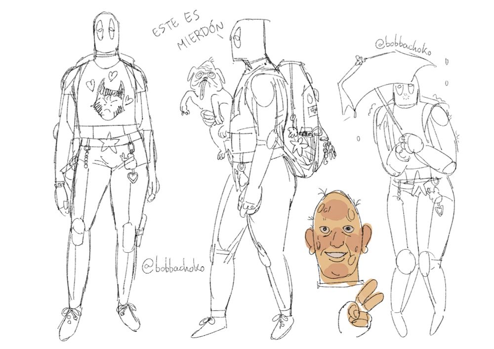 Three drawings of my deadpoolsona standing with a wolverine t-shirt, dog pool and covered with an umbrella, also a close up without the mask, looking very stupid and pathetic, the design is very close to the original one 