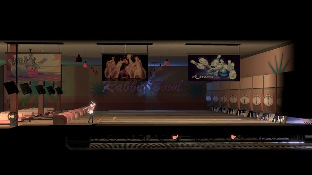 A screenshot of the same game. J.J. is rolling a bowling ball down a lane.