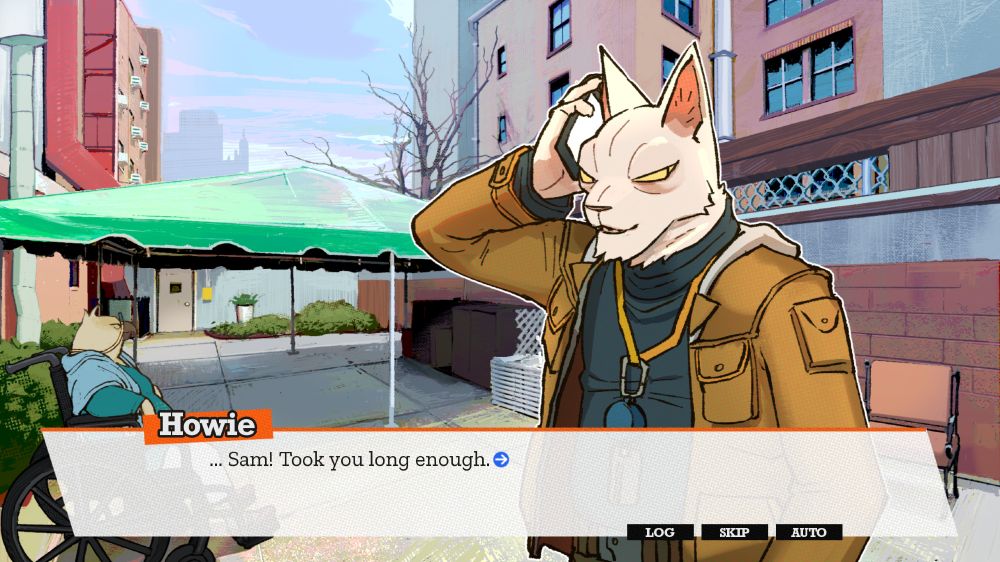 an in-game screenshot of WHODUNNIT?, featuring an illustration of a furry cat holding a phone up to his ear, in the middle of an environment containing an old furry bird in a wheelchair, a skyline and some urban buildings. Howie, the cat, is speaking, his dialogue box reads "... Sam! Took you long enough".