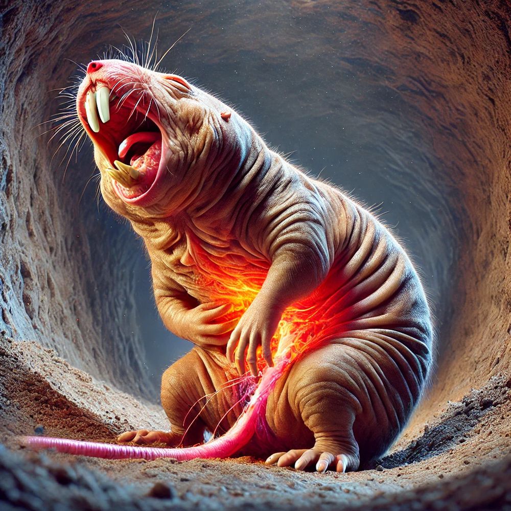 An AI generated image showing a naked mole-rat with visceral pain...the tail is coming out of the stomach!
