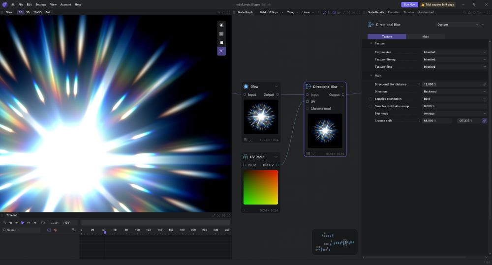 Very smooth gradients and blurs from a "glow" and "Directional Blur" node in Illugen