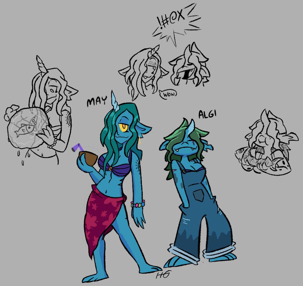 Two sea nymph OC’s: May and Algi.

Two colored full-body drawings sit in the middle. The aqua-haired May on the left wears a purple bikini top and a reddish-pink beach skirt, while green-haired Algi wears a pair of baggy overalls.

Surrounding them are three smaller doodles. On the left is May holding a magically suspended ball of water with a fish inside. On the right, is Algi eating a raw fish. Above them, Algi says a heccing swear, much to May’s slight amusement.
