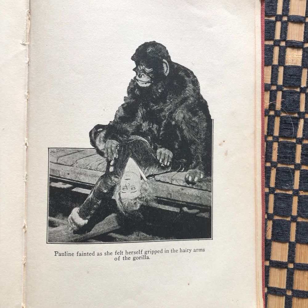 Man in gorilla suit clutches woman lying across parapet. Caption reads "Pauline fainted as she felt herself gripped in the hairy arms of the gorilla."