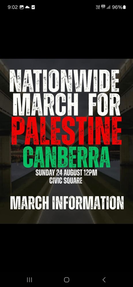 Nationwide march for Palestine Canberra
Sunday 24 August 12pm Civic Square