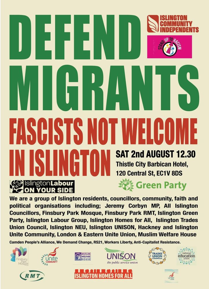 "Defend migrants" poster for protest on Staurday Aug 2 to defence migrants at Thistle Barbocan hotel. Assembly 1230 at hotel, EC1V 8DS